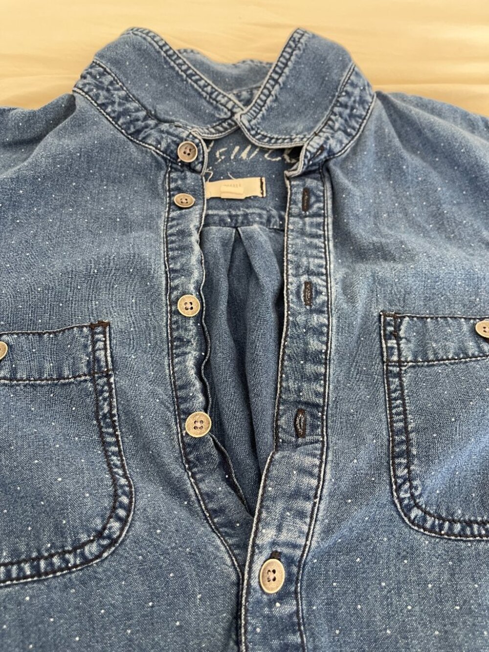 Madewell Polka Dot Denim Long Sleeve Collared Button Shirt - Picture 4 of 7